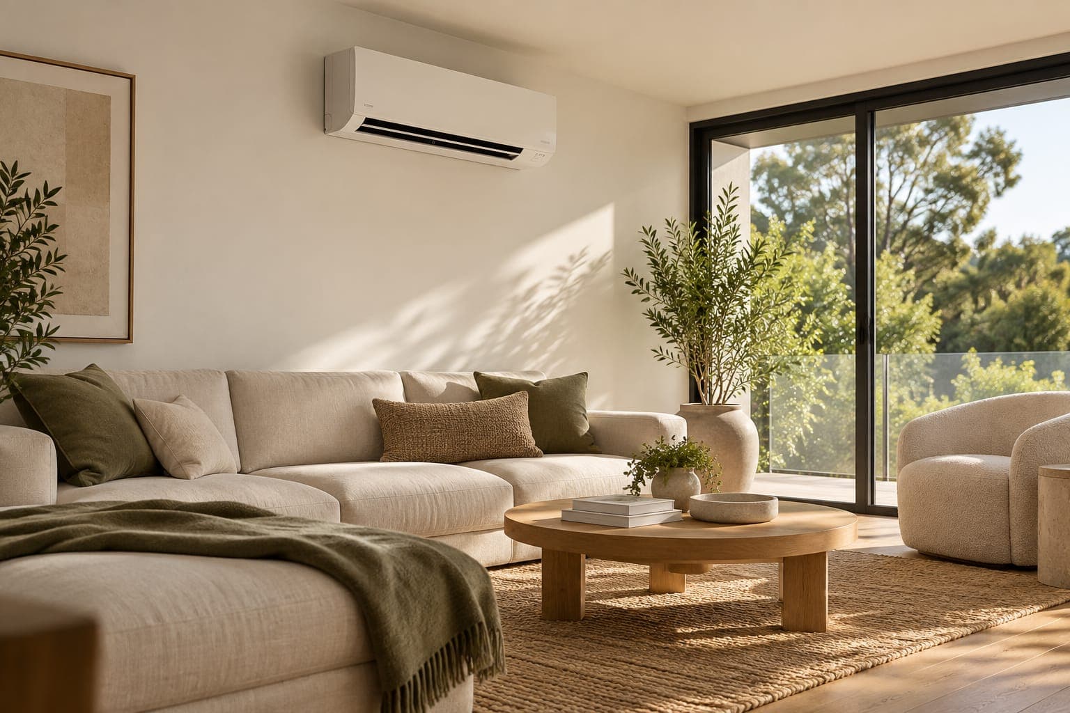 A high-wall heat pump in a living room