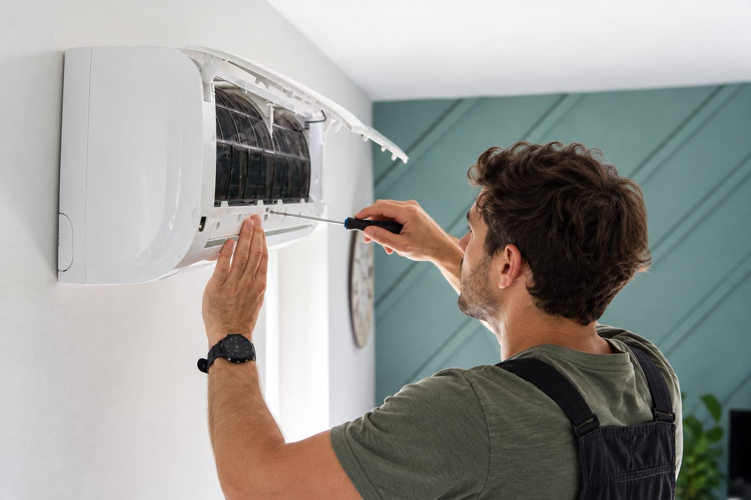 A technician servicing a heat pump